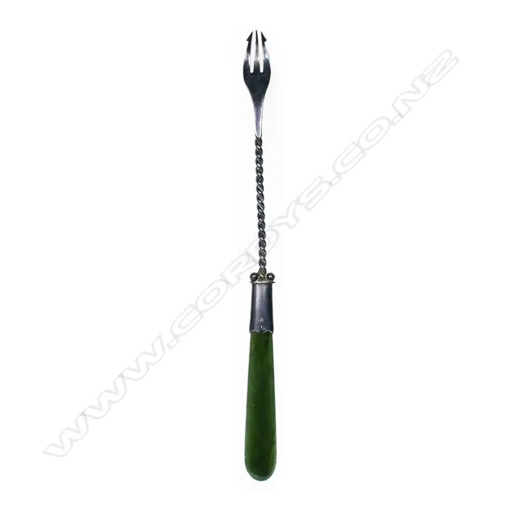 S.H. Drew (Wanganui) silver and greenstone pickle fork, Image 1++